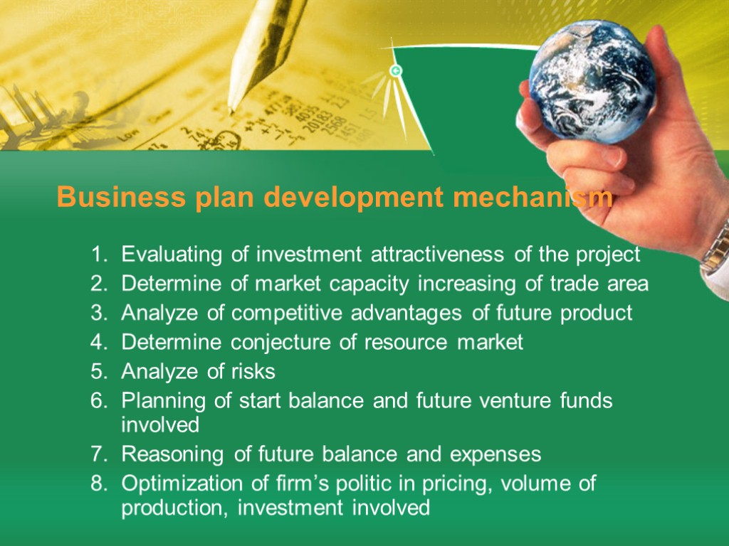 Business plan development mechanism Evaluating of investment attractiveness of the project Determine of market